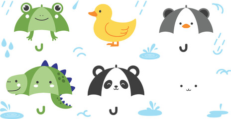Cute animal umbrellas collection with frog duck panda dinosaur and bear characters in rainy weather kids cartoon vector illustration set © mdanichur
