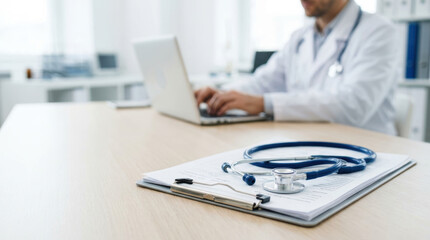Fototapeta premium Focused professional medical doctor working on laptop at wooden desk in modern clinic with hospital clipboard and stethoscope resting in foreground showing dedicated healthcare