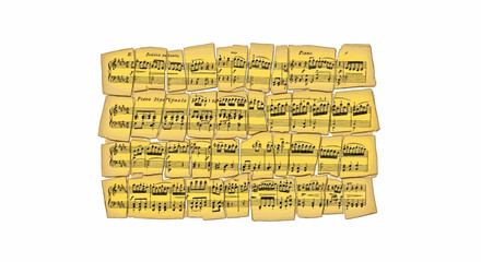 Naklejka premium A scattered collage of yellowed, torn musical sheets