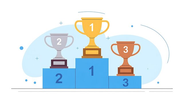Business people stand on winner podium with trophies in city