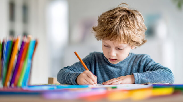 Curly hair boy drawing child concentration colorful pencil creative activity homework art learning education home interior natural light Curly hair boy drawing table, child concentration with