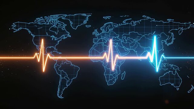 Global heartbeat pulse line over world map concept for health monitoring and worldwide medical connection