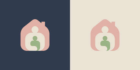 child and adult parent in house icon logo symbol, concept of secure space save home, care support in mental health for family