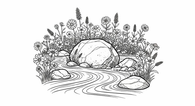 Black and white drawing of a stream flowing past rocks and wildflowers