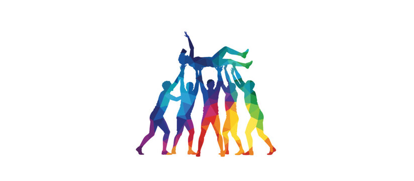 Team supporting a falling teammate trust concept. Colorful low poly geometric figures. Vector illustration isolated on transparent background