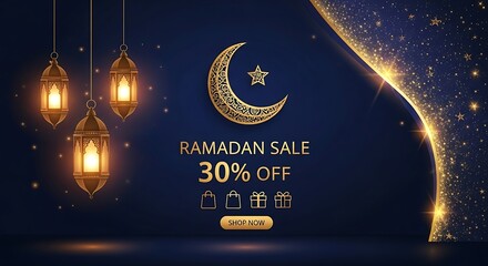 Festive Ramadan sale ad with crescent moon, lanterns, and gold accents on a dark background