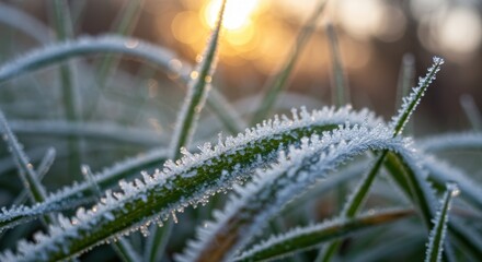 Fototapeta premium Delicate ice crystals frost the blades of grass illuminated by morning sunlight