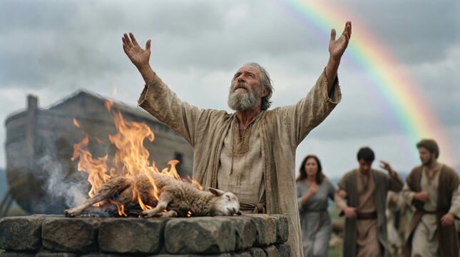 Old man Noah praying with hands raised above sacrificial fire altar. Biblical scene after great flood with rainbow and ark. Religious christian concept for spiritual belief.