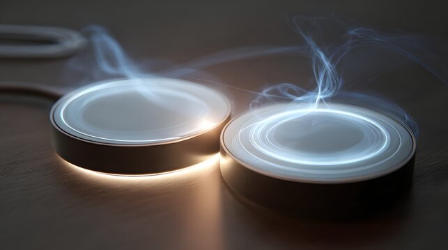 Wireless energy transfer between two charging pads, highlighting innovation in power technology.