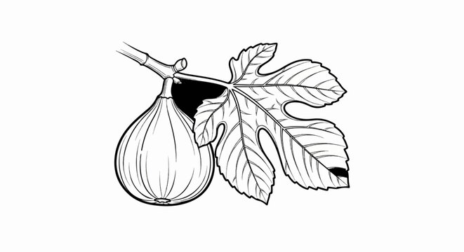 Black and white line drawing of a single fig with a detailed leaf on a branch