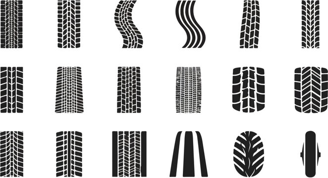 Collection of diverse tire tread patterns in black and white on a white background