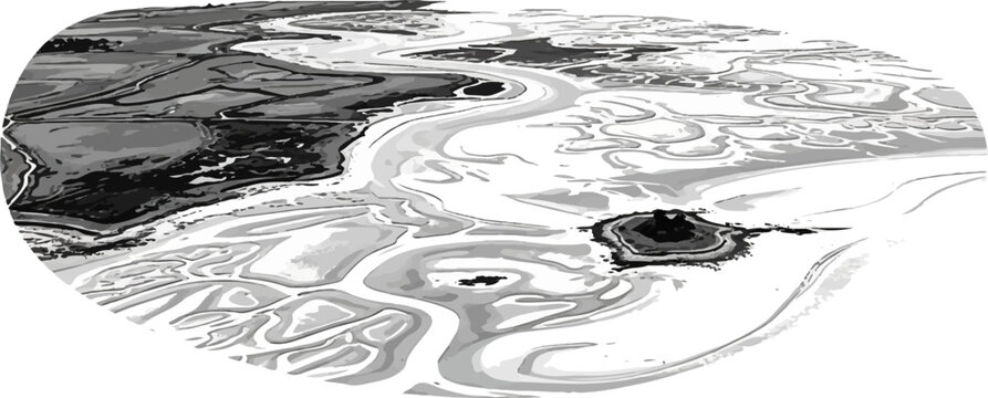 Aerial view of tidal flats with winding channels and a small island