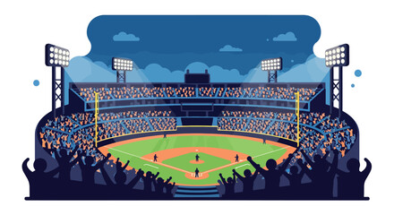 Modern vector illustration of packed baseball stadium with cheering crowd during championship match, vibrant sports atmosphere © Amie