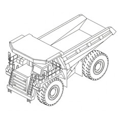 Isometric line drawing of a large mining dump truck, a heavy-duty vehicle used in construction and excavation. © Wahyubudiyono