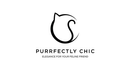 Minimalist logo design featuring a stylized cat silhouette with the text "PURRFECTLY CHIC" and tagline "Elegance for your feline friend" on a white background. © Wahyubudiyono