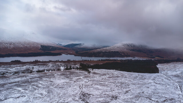 Arial drone view from Loch Tulla. Scotland, UK.
