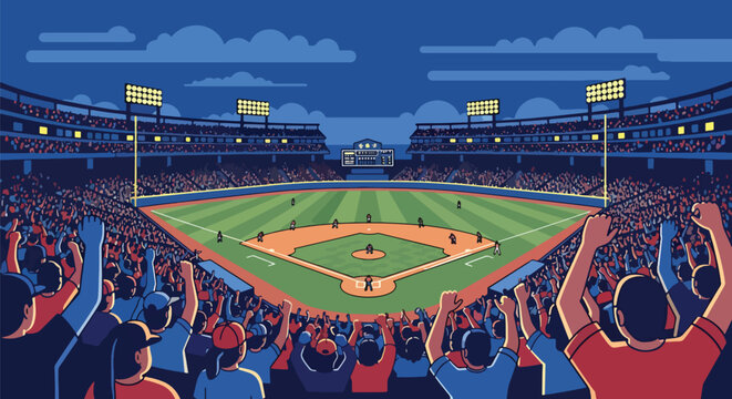 Modern vector illustration of packed baseball stadium with cheering crowd during championship match, vibrant sports atmosphere