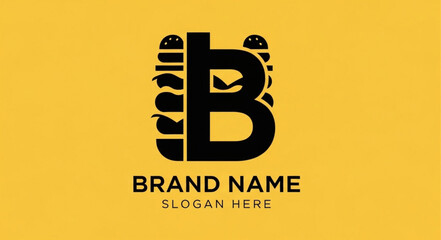 Modern and creative logo design for a burger brand, featuring the letter B integrated with burger elements on a yellow background.