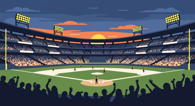 Modern vector illustration of packed baseball stadium with cheering crowd during championship match, vibrant sports atmosphere