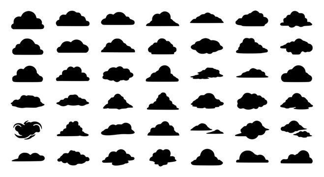 Clouds black silhouette set with puffy shapes and stormy weather icons featuring cloud silhouettes, cloudy, meteorology