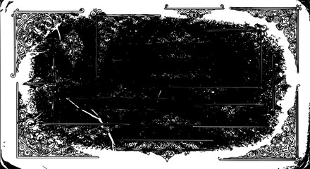 Obraz premium Frame ornate with floral patterns and distressed edges, black and white illustration featuring grunge, vintage, border