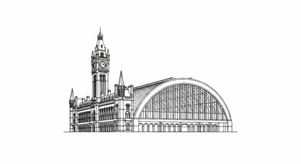 Obraz premium Detailed sketch of a grand historical railway station with a clock tower