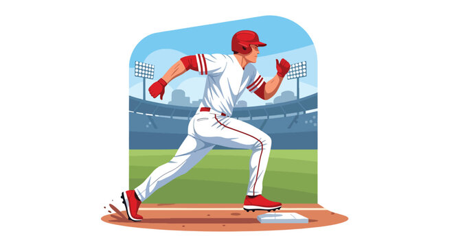 Modern vector illustration of baseball player running between bases during fast paced competitive match