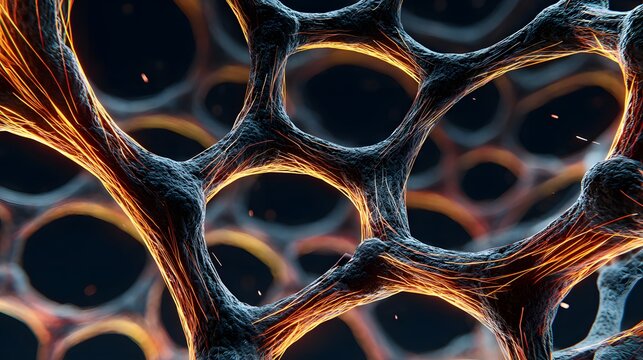 Carbon nanotube mesh under a microscope, showcasing electric pulses flowing through the intricate structure.