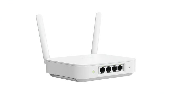 White wireless router with four ethernet ports and two antennas on a white background wifi router network device