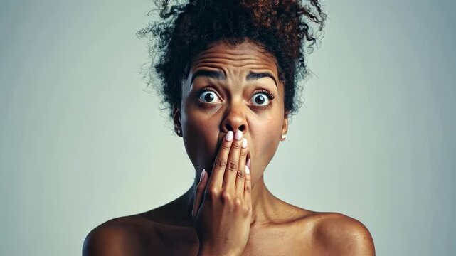 Studio portrait of a shocked young woman covering her mouth with her hand, expressing surprise and disbelief against a light teal background