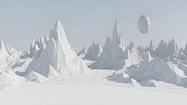 Low poly winter landscape with icy mountains and clock