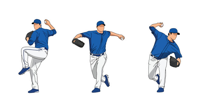 collection set vector illustration of Baseball pitcher throwing sequence, dynamic step by step pitching motion isolated on white background