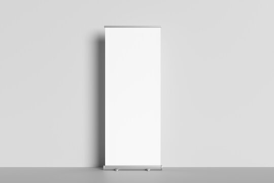 Blank roll up banner 3 display view template isolated on gray background. 3d rendering.