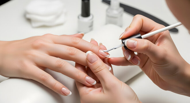 A woman is getting her nails done at a beauty salon using a brush. (Nail care, nail salon, manicure, nail artist)