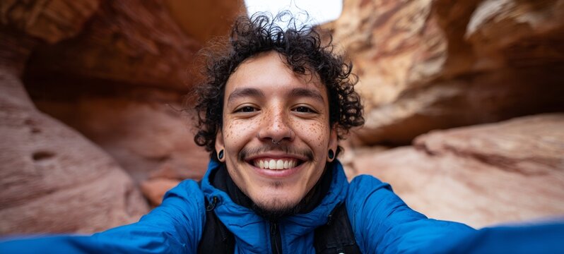Man taking selfie in canyon.