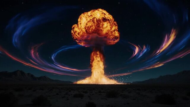 A massive explosion with a bright yellow and orange fireball erupts in a desert landscape, surrounded by swirling purple and blue rings