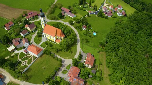 Aerial view of the church Wallfahrtskirche Heilige Dreifaltigkeit &ndash; Eichlberg (Hemau) in Germany, Bavaria on a sunny day day in Spring