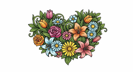 Naklejka premium Heart-shaped floral arrangement with diverse blossoms and greenery