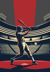 Vintage baseball batter swinging bat inside stadium arena in bold sports poster style with dramatic lighting and crowd backdrop, perfect for championship marketing and wall art decor © Amie