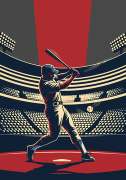 Vintage baseball batter swinging bat inside stadium arena in bold sports poster style with dramatic lighting and crowd backdrop, perfect for championship marketing and wall art decor