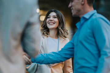 Smiling woman in a blazer shakes hands with a man in a blue shirt in an urban outdoor setting;...