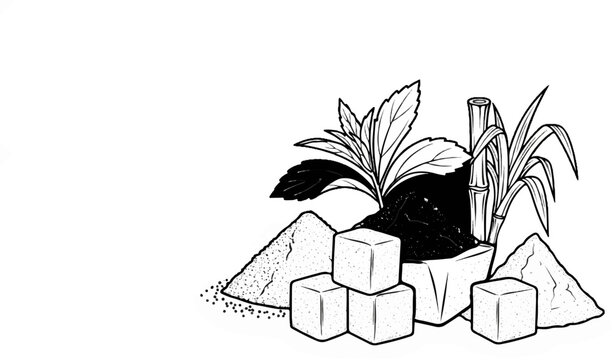 Illustration of sugar cubes, granular sugar, and sugar cane plants