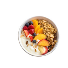 A white bowl filled with granola yogurt and strawberries, and blueberries isolated on transparent background