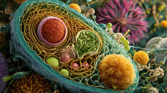 Colorful eukaryote cell structure biology concept plant cell interior organelle diagram microscopic science illustration vibrant education background abstract biology art