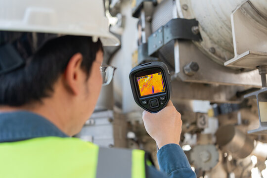 Technician uses an infrared thermal camera to inspect industrial piping, helping detect abnormal heat, support preventive maintenance, improve safety, and maintain equipment reliability.