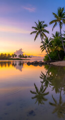 Obraz premium Tropical beach sunset with palm trees and reflection on water.