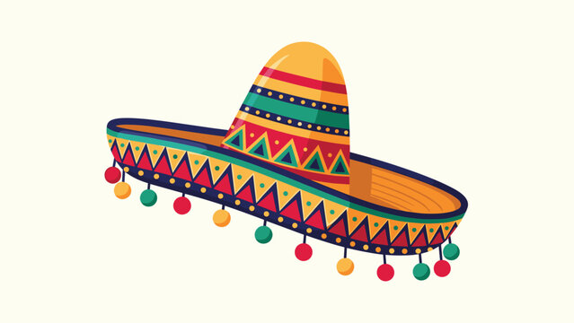 Traditional Mexican sombrero hat is illustrated with colorful geometric patterns and small yellow and red pom-poms hanging from the brim.