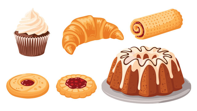 Collection of delicious sweet bakery treats including a frosted cupcake, croissant, jam roll, cookies, and a bundt cake.