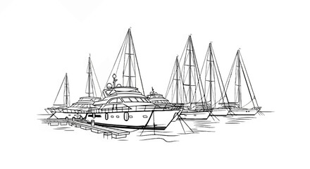 Obraz premium Pen sketch of multiple sailboats and yachts docked at a pier