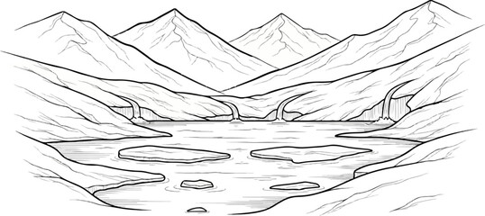 A stylized black and white drawing of a mountain valley with a lake and waterfalls